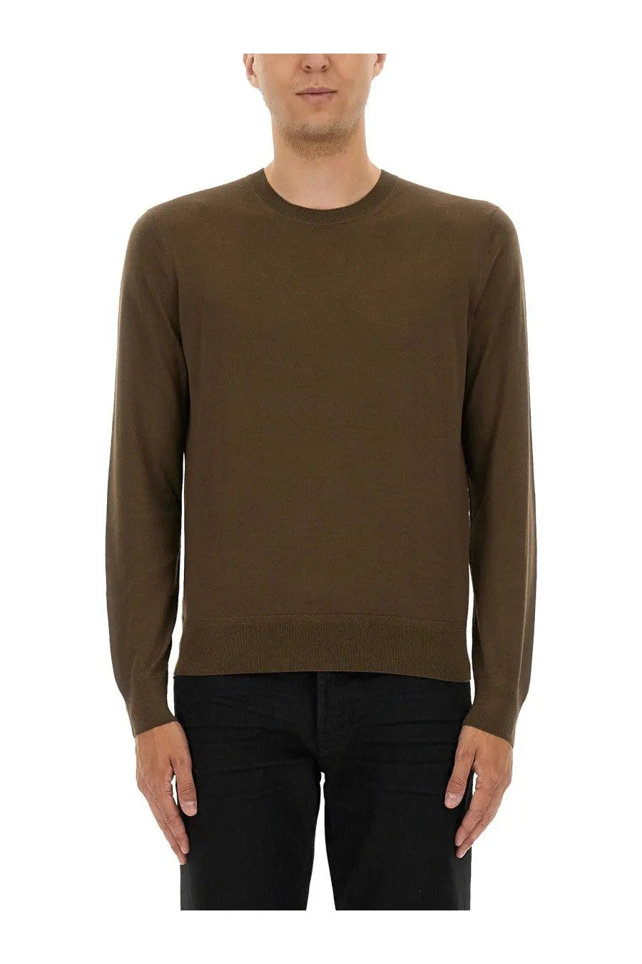 A sleek olive-green cashmere crewneck sweater with ribbed hem and cuffs from Tom Ford menswear collection