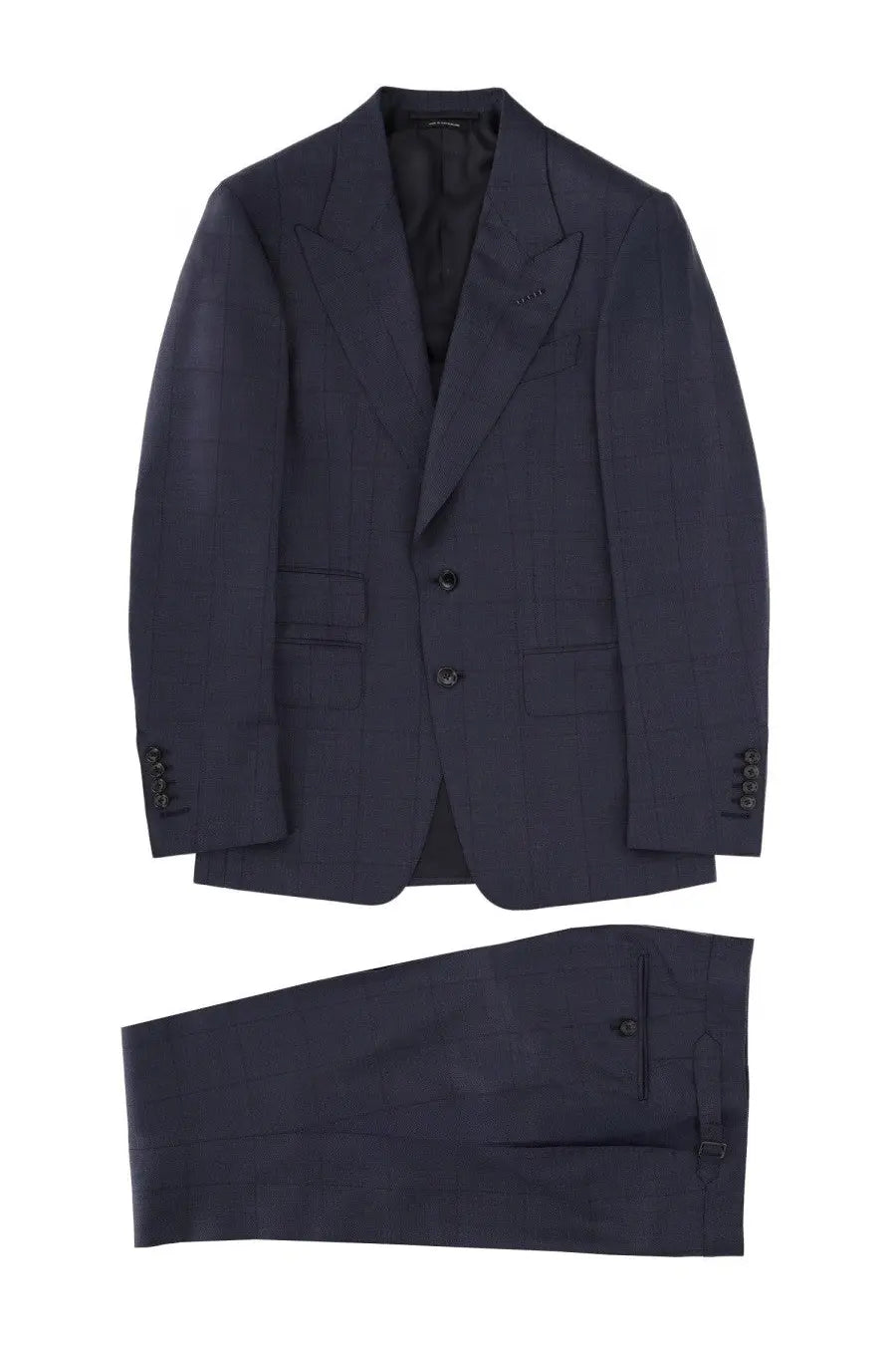 Tom Ford men’s grand overcheck Shelton suit blue navy wool with subtle texture and classic double-breasted design