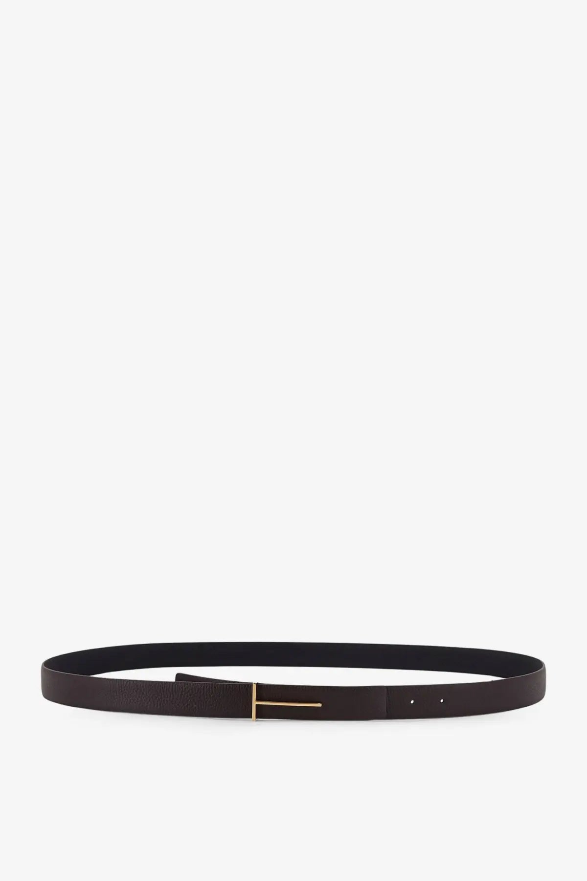 Tom Ford men’s hammered leather belt in dark brown with a minimalist gold-tone rectangular buckle