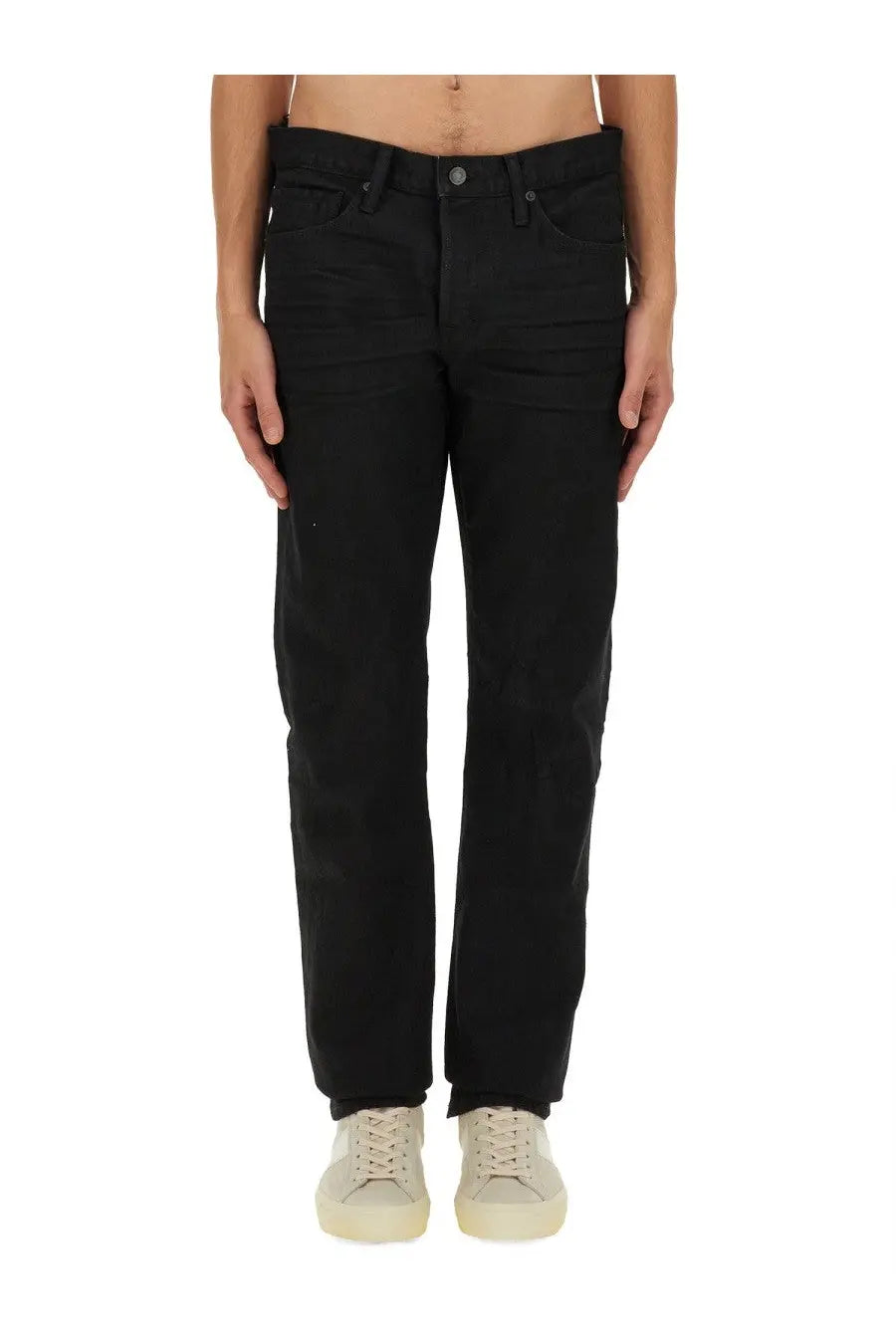 Tom Ford men’s black denim jeans with a straight-leg cut and classic five-pocket design in denim blue