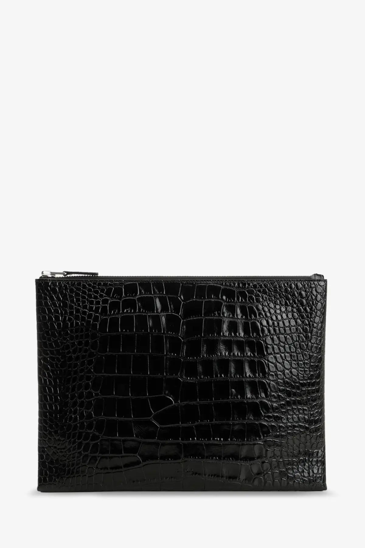 Tom Ford men’s leather clutch black with black crocodile-embossed leather and silver zipper in sleek glossy finish