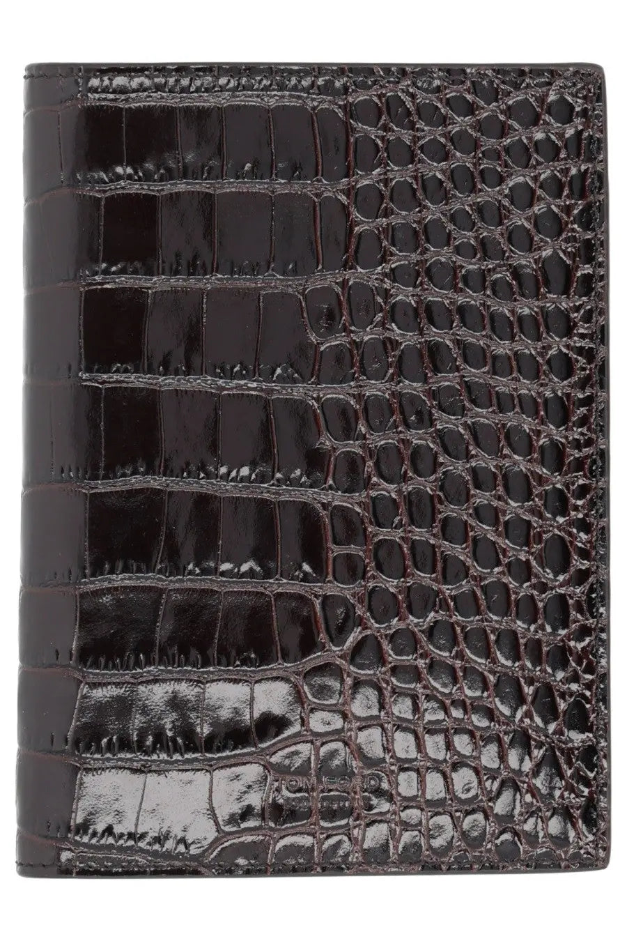 Tom Ford men’s leather passport holder in brown with black crocodile-embossed texture shown from the back side