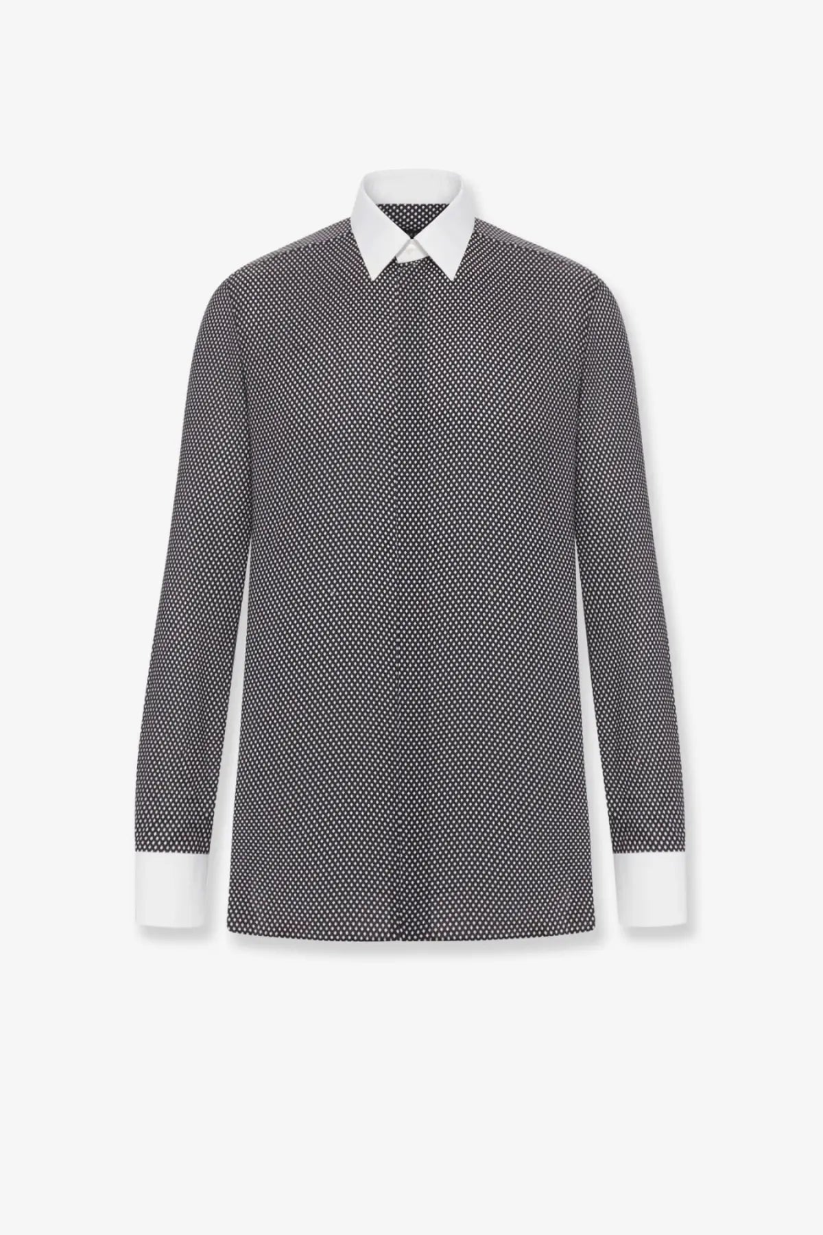 Tom Ford men’s microfantasy cotton shirt black with sleek black and white polka dots and a crisp white collar