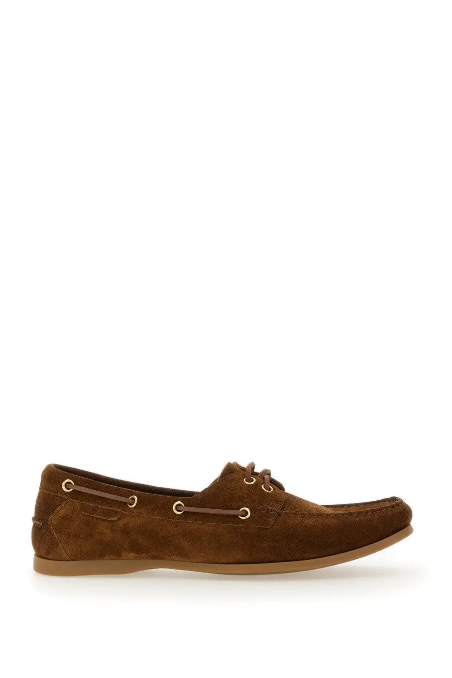 Tom Ford men’s moccasin Robin brown brown suede boat shoe with tan laces and gold toned eyelets