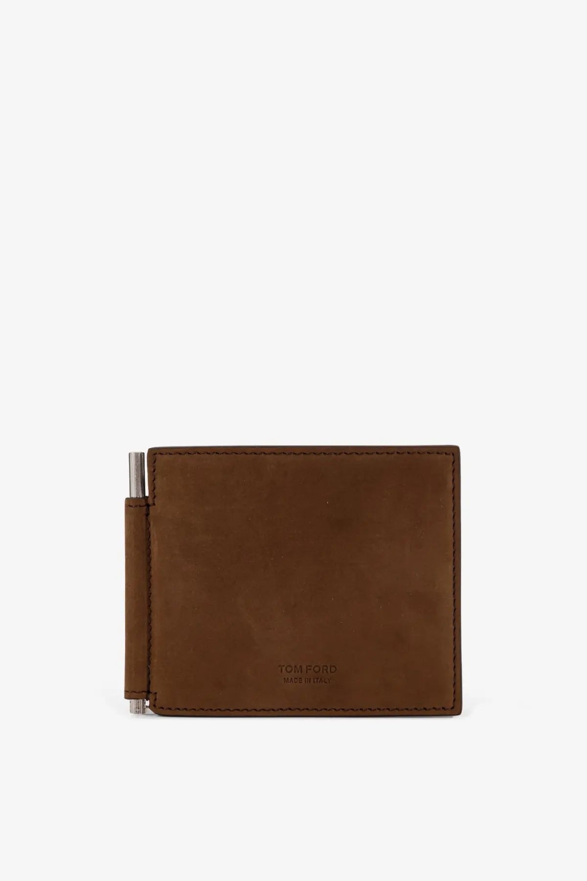 Tom Ford men’s nubuck wallet brown leather with silver money clip and Tom Ford made in Italy embossing at bottom