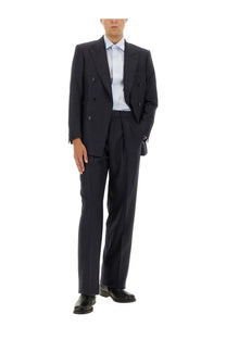 Black double-breasted suit with subtle textured weave and matching trousers in tom ford men’s pinstripe blue jacket style