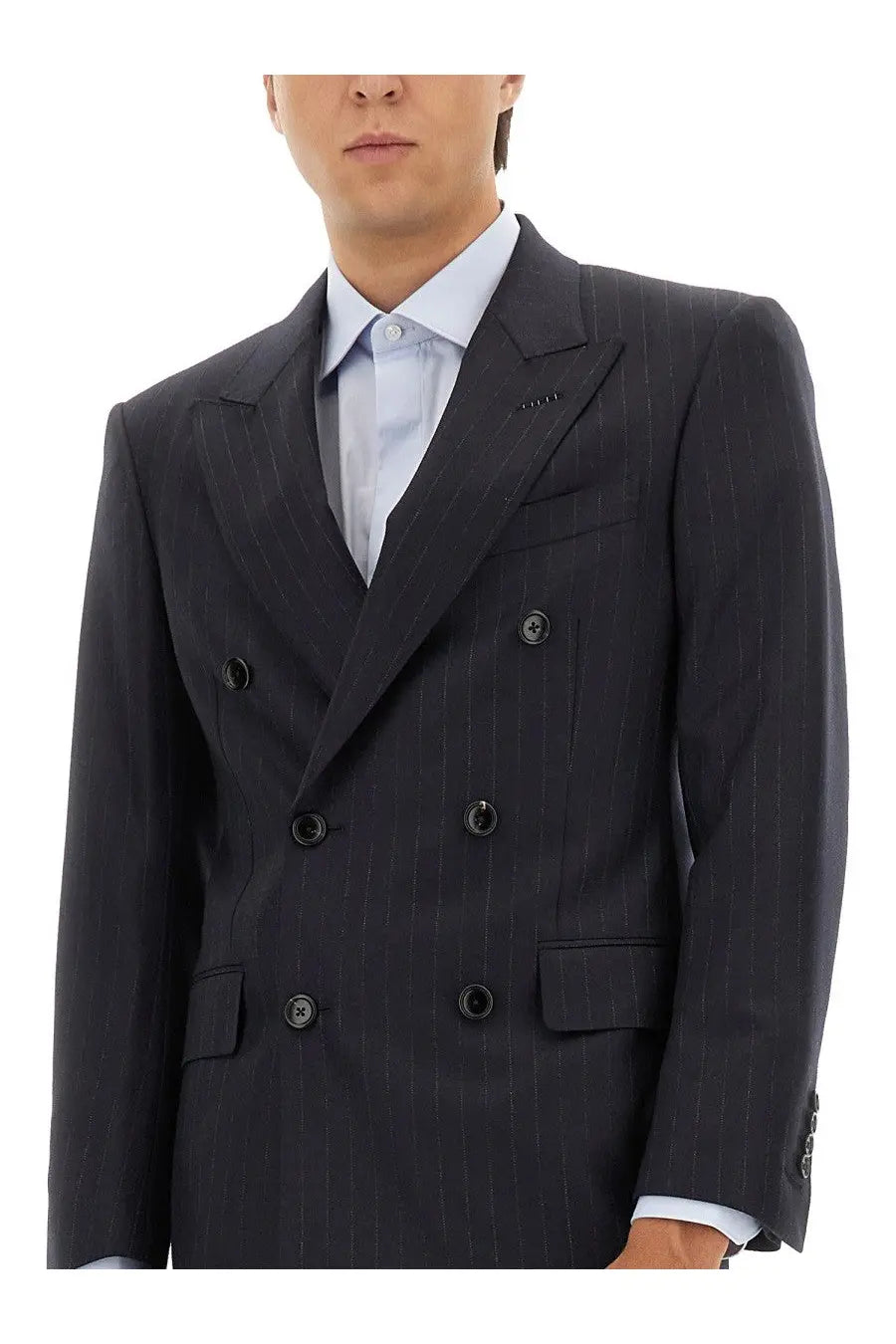 Tom Ford men’s dark charcoal pinstripe double-breasted suit jacket with black buttons and notched lapels