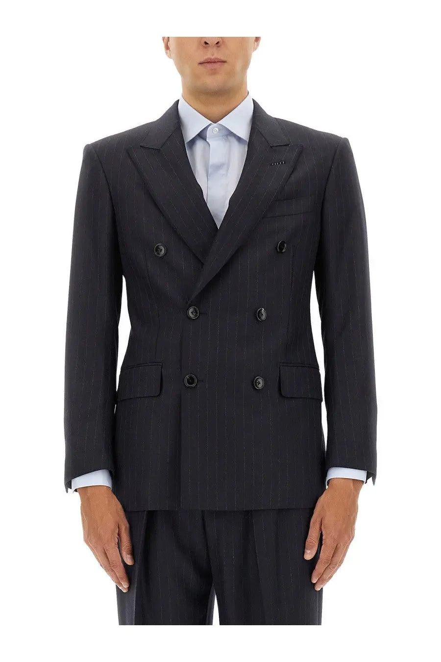Tom Ford men’s dark navy pinstripe double-breasted suit jacket with subtle vertical stripes and black buttons