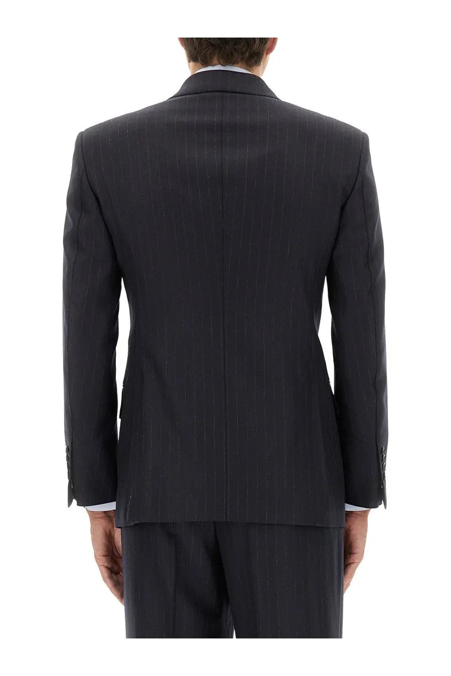 Tom Ford men’s dark navy pinstripe suit jacket with tailored fit and notched lapels in blue