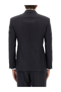 Tom Ford men’s dark navy pinstripe suit jacket with tailored fit and notched lapels in blue