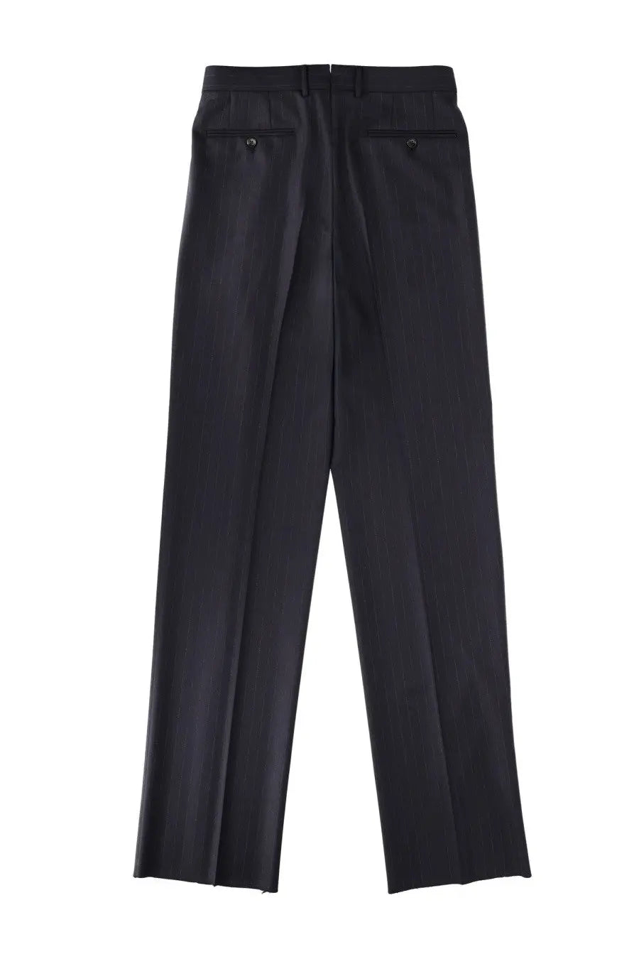 Black tom ford men’s pinstripe trousers with straight-leg cut subtle vertical pleats and buttoned back pockets back view