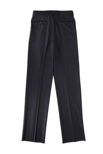 Black tom ford men’s pinstripe trousers with straight-leg cut subtle vertical pleats and buttoned back pockets back view