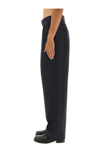 Black wide-leg trousers with tailored fit and subtle pleats at waistband for tom ford men’s pinstripe pants blue product