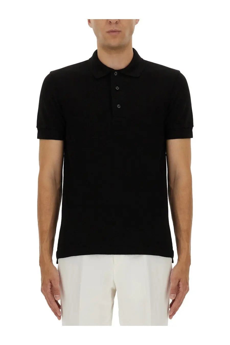 Tom Ford men’s black pique polo shirt with short sleeves classic collar and three-button placket
