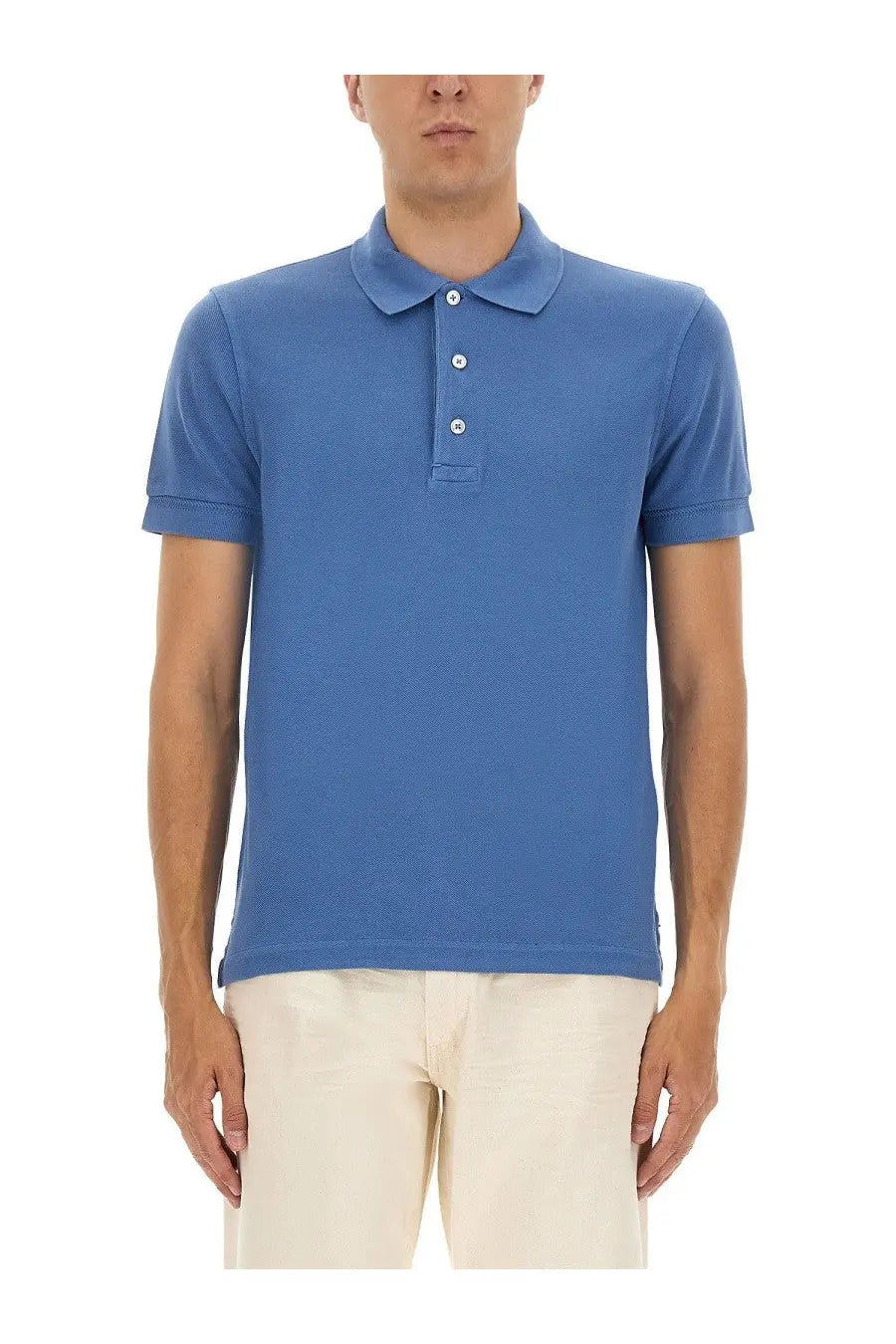 Tom Ford men’s pique polo blue textured cotton shirt with white buttons and classic collar