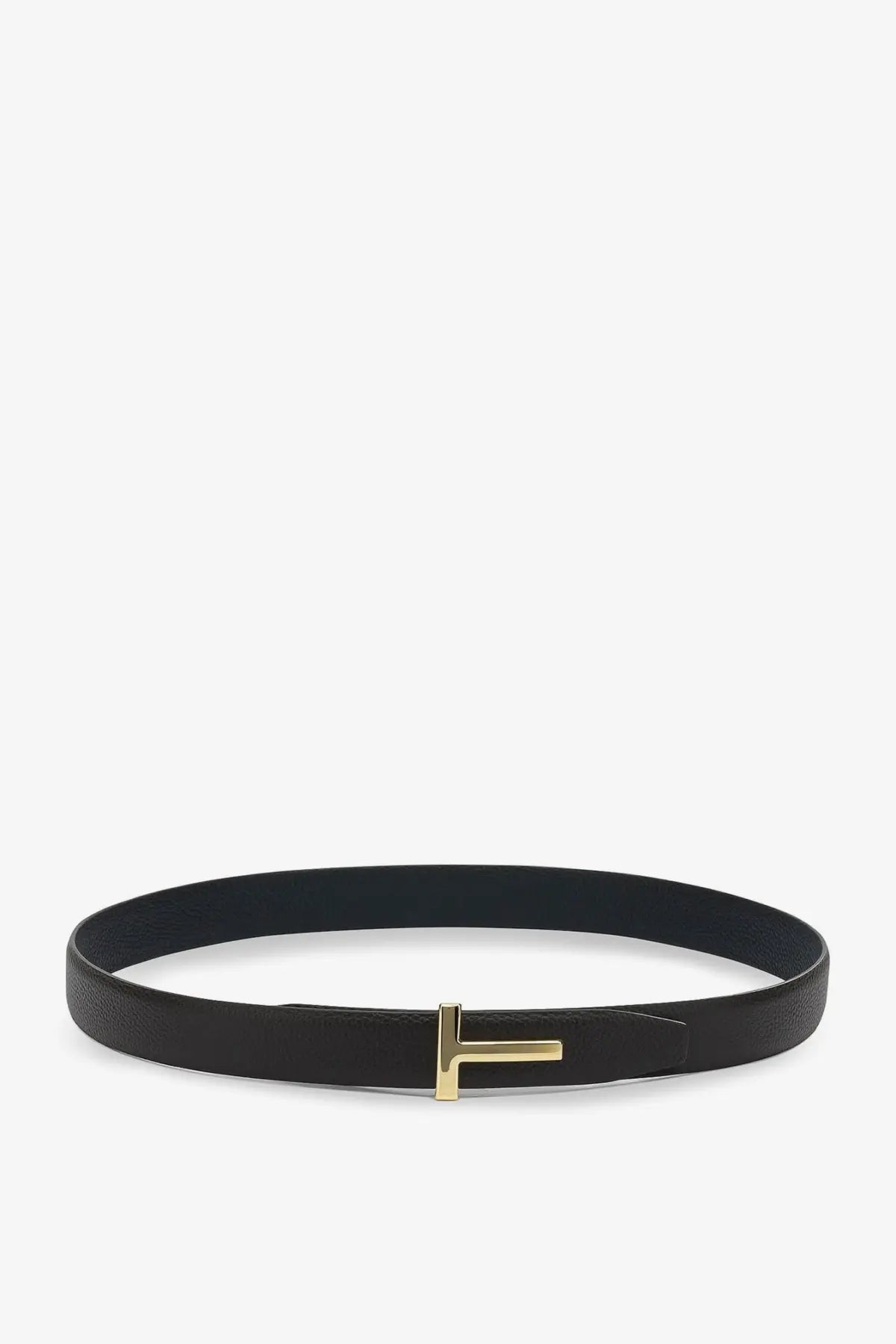 Tom Ford men’s reversible hammered leather belt in black with a gold-tone t-shaped buckle front view