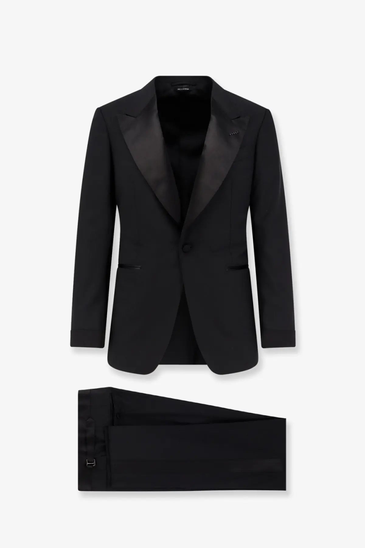 Tom Ford men’s Shelton black wool tuxedo with satin lapels and matching trousers for formal occasions