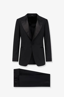 Tom Ford men’s Shelton black wool tuxedo with satin lapels and matching trousers for formal occasions