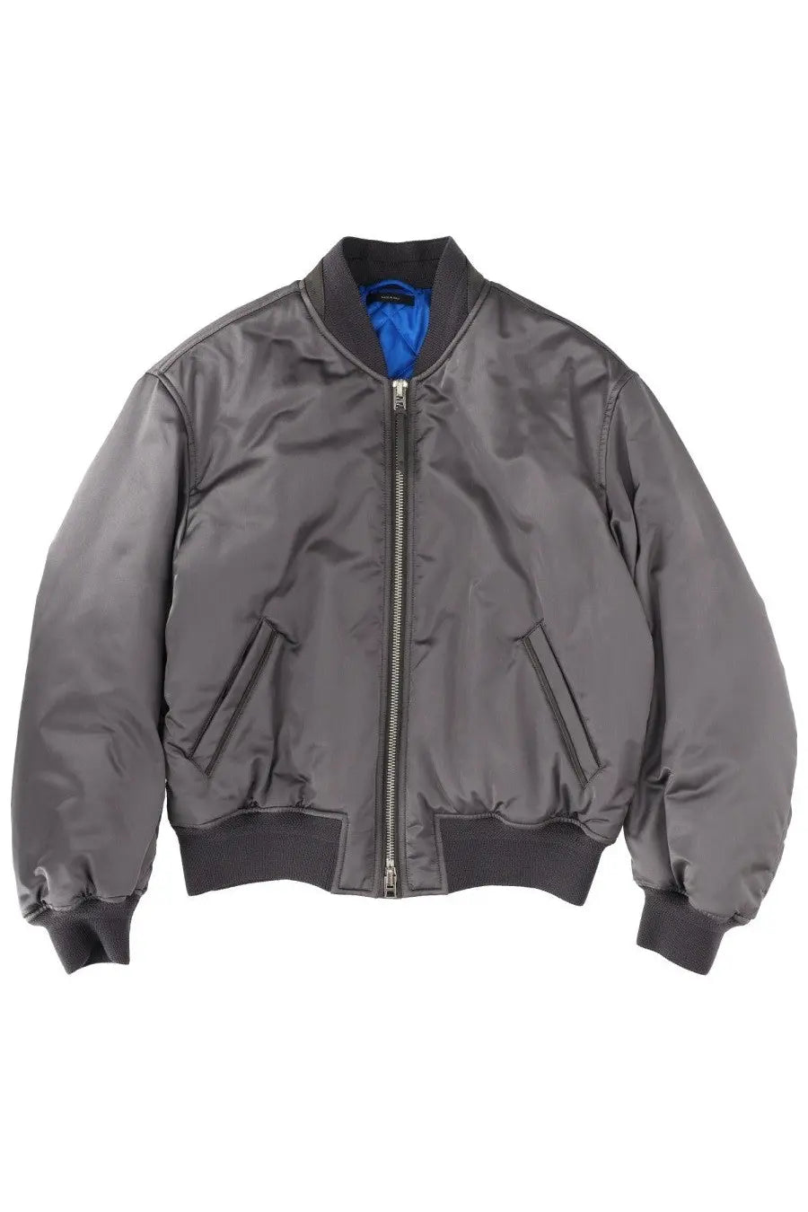 Tom Ford men’s silk bomber jacket in dark gray with blue lining and ribbed cuffs for stylish casual wear