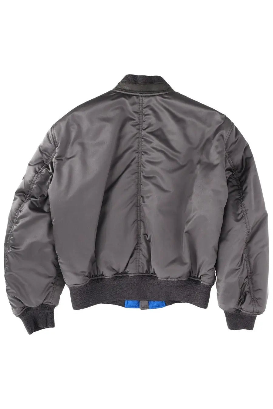 Back view of tom ford men’s grey silk bomber jacket with dark gray satin fabric and blue zipper pull