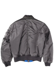 Back view of tom ford men’s grey silk bomber jacket with dark gray satin fabric and blue zipper pull