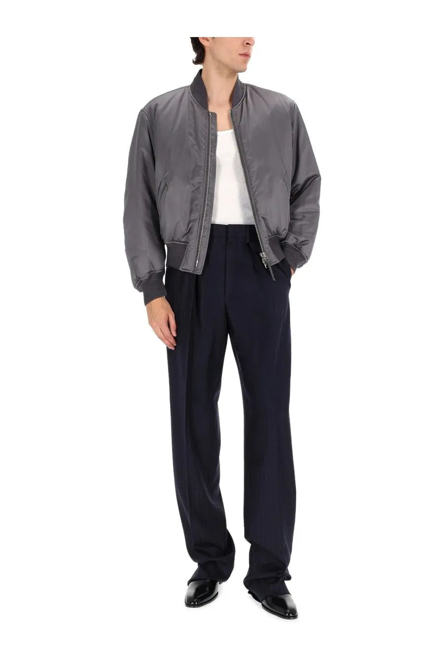 Tom Ford men’s silk bomber jacket in grey with a matte finish and ribbed cuffs