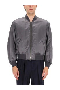 Tom ford men’s grey silk bomber jacket with ribbed cuffs and waistband in gray satin material