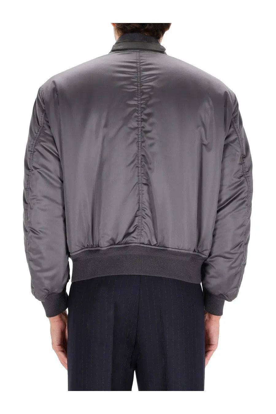Gray satin tom ford men’s bomber jacket with ribbed cuffs and waistband made of silk for a sleek look