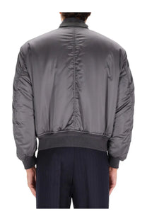 Gray satin tom ford men’s bomber jacket with ribbed cuffs and waistband made of silk for a sleek look