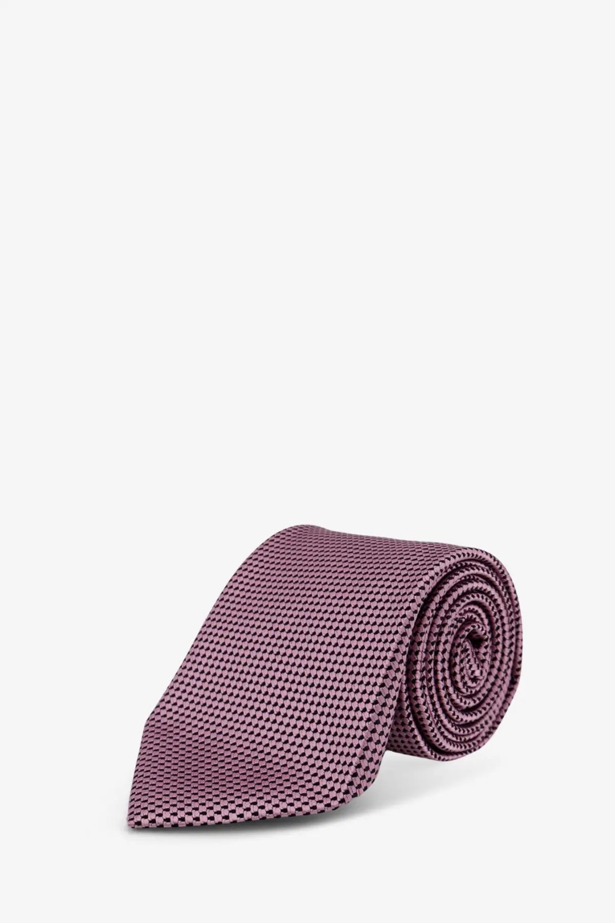 A neatly rolled mauve tom ford men’s silk tie with a subtle textured pattern and elegant finish