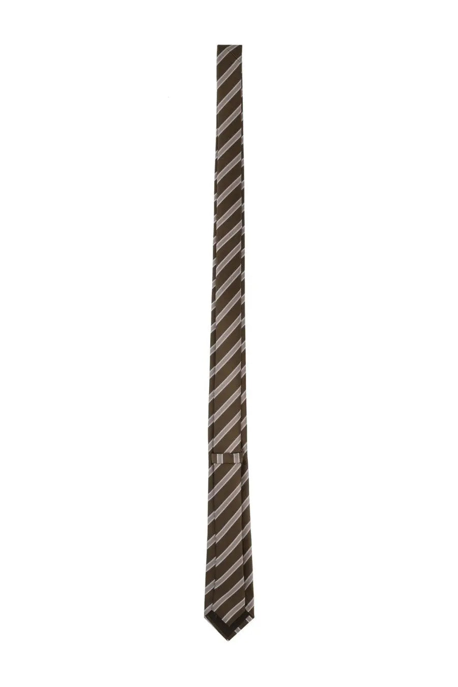 Tom Ford men’s silk tie in brown with diagonal silver stripes crafted from smooth silk-like material