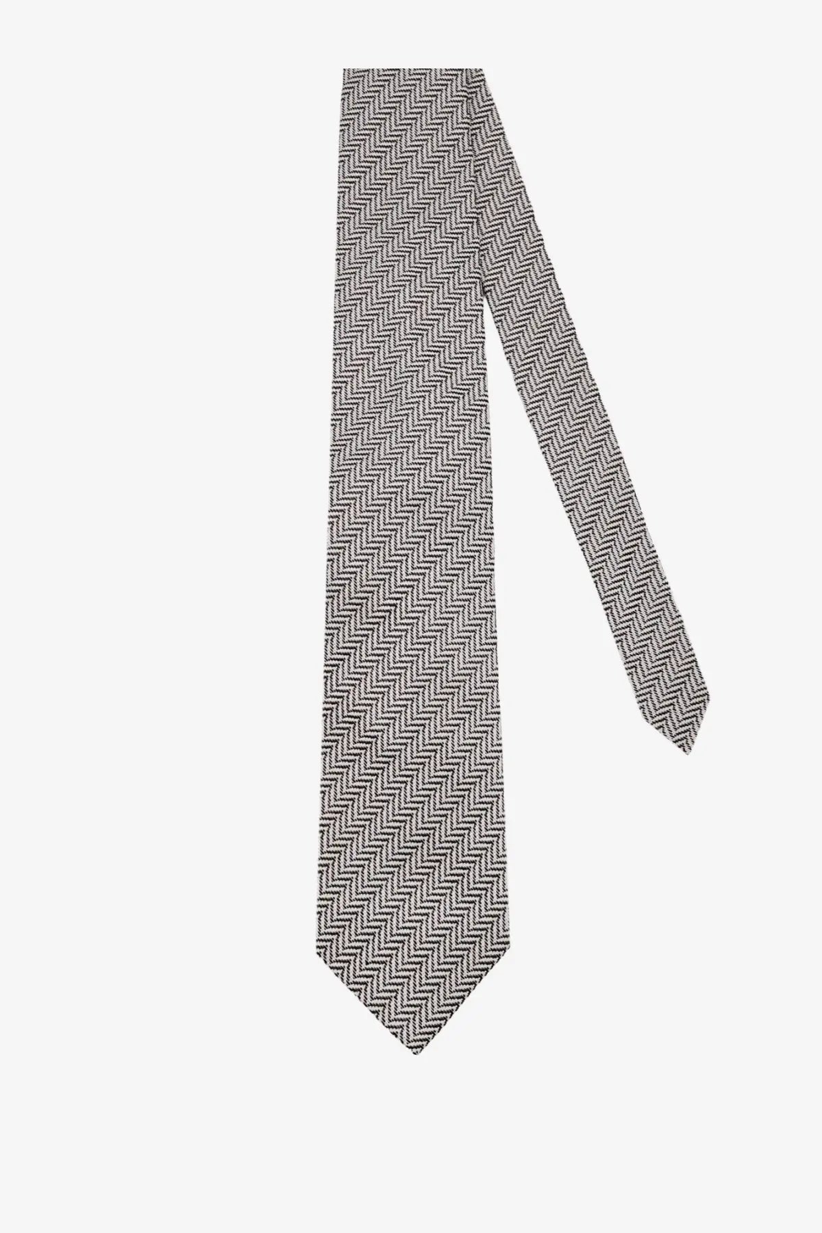 A sleek gray and black herringbone patterned tom ford men’s silk tie with a classic pointed tip