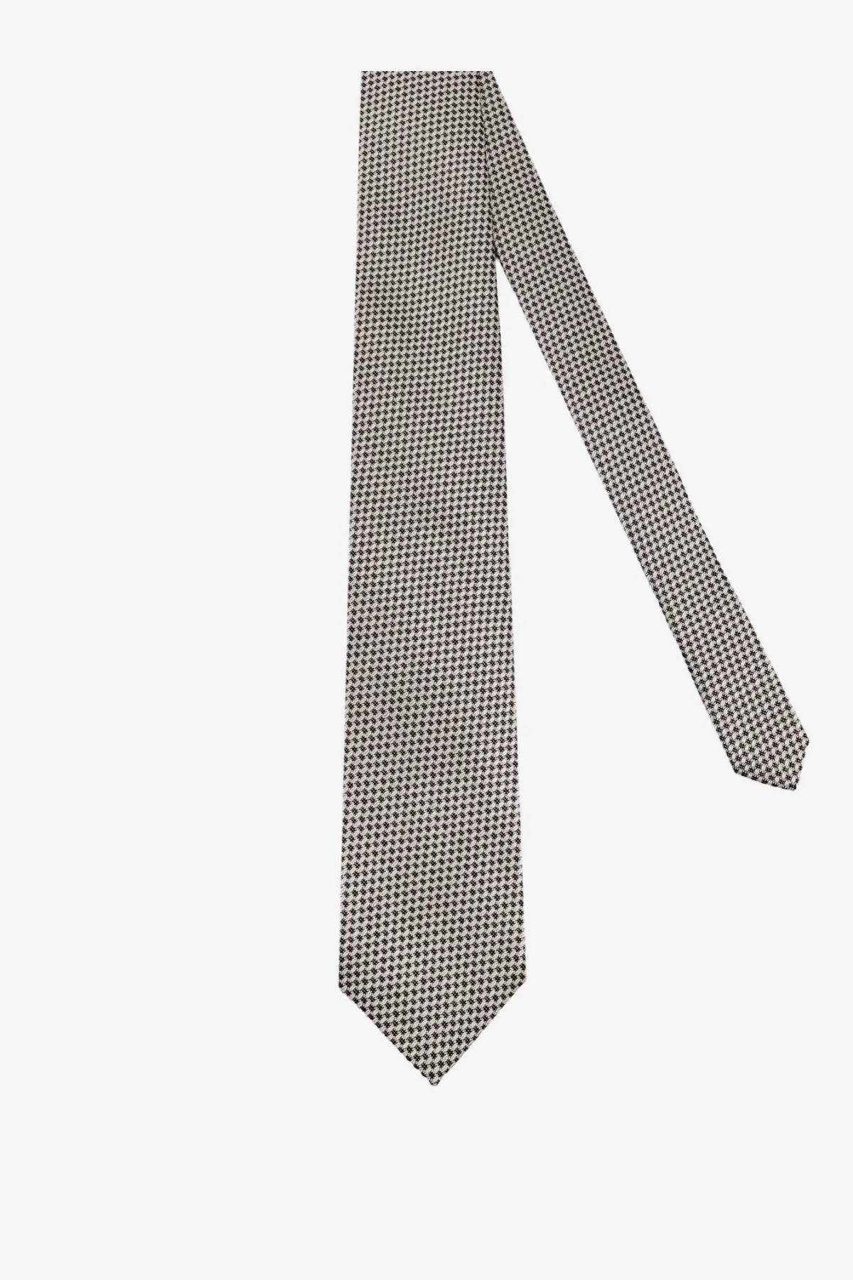 Tom Ford men’s silk tie in white with a sleek gray and white houndstooth pattern and classic pointed tip