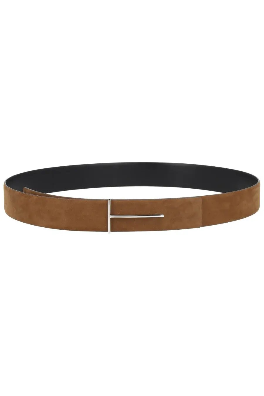 Tom Ford men’s slim belt beige tan suede with a sleek silver-toned rectangular buckle featuring the t logo