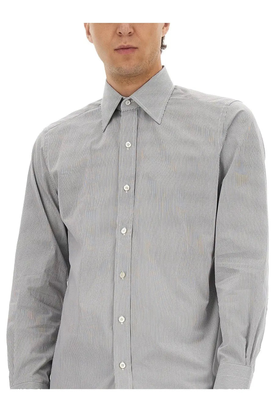 Tom Ford men’s slim fit gray and white pinstripe long-sleeve dress shirt with classic collar