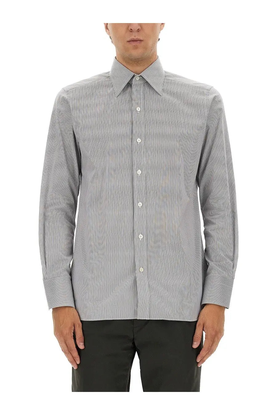 Tom Ford men’s slim fit long-sleeved button-down shirt in subtle gray and white vertical stripes woven fabric