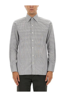 Tom Ford men’s slim fit long-sleeved button-down shirt in subtle gray and white vertical stripes woven fabric