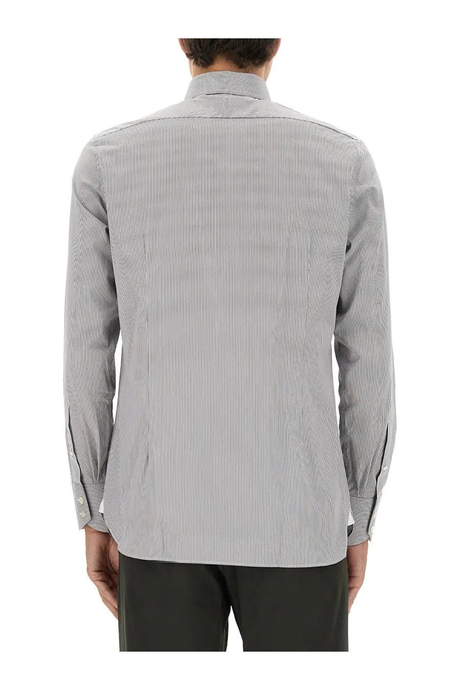 Tom Ford men’s slim fit long-sleeved dress shirt in grey with white pinstripes made from smooth woven fabric