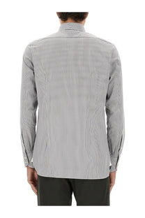 Tom Ford men’s slim fit long-sleeved dress shirt in grey with white pinstripes made from smooth woven fabric