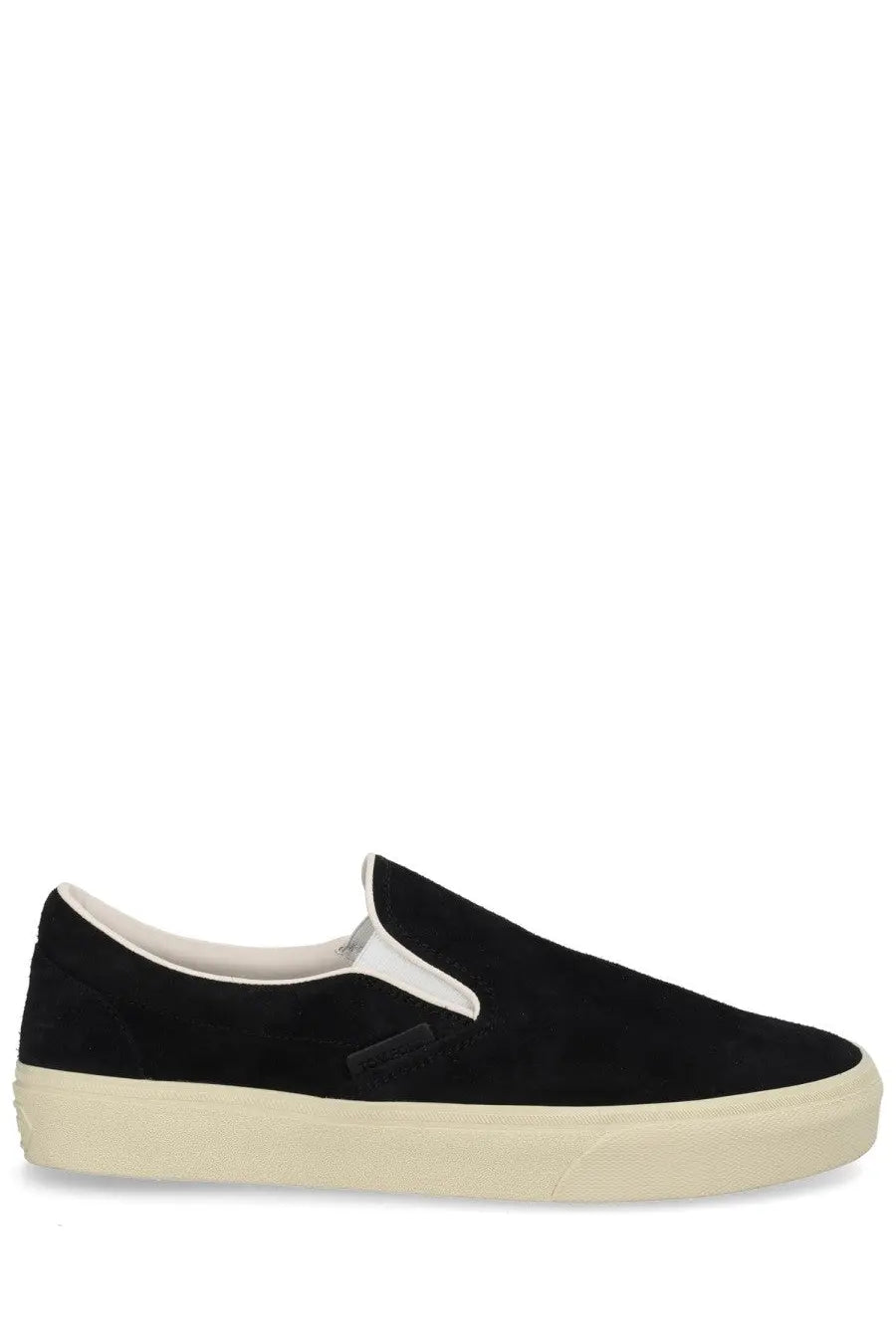 Tom Ford men’s sneaker Jude black black suede slip-on with cream rubber sole and white interior lining