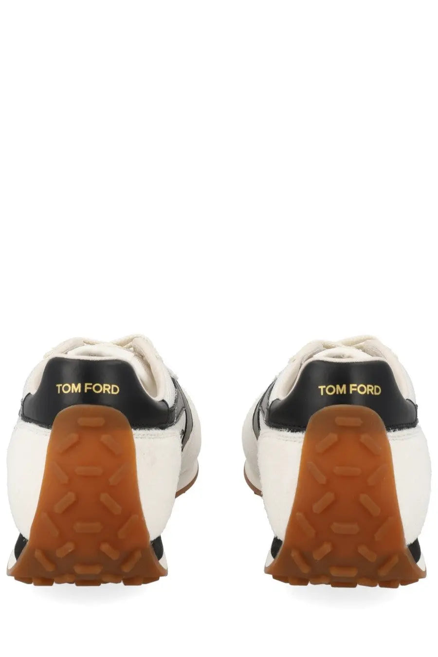 Tom ford men’s sneaker mick white in white and black with tan rubber sole showcasing stylish casual footwear design