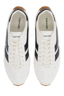 Tom Ford men’s sneaker Mick white with black stripes leather upper and tan rubber soles visible from the back side