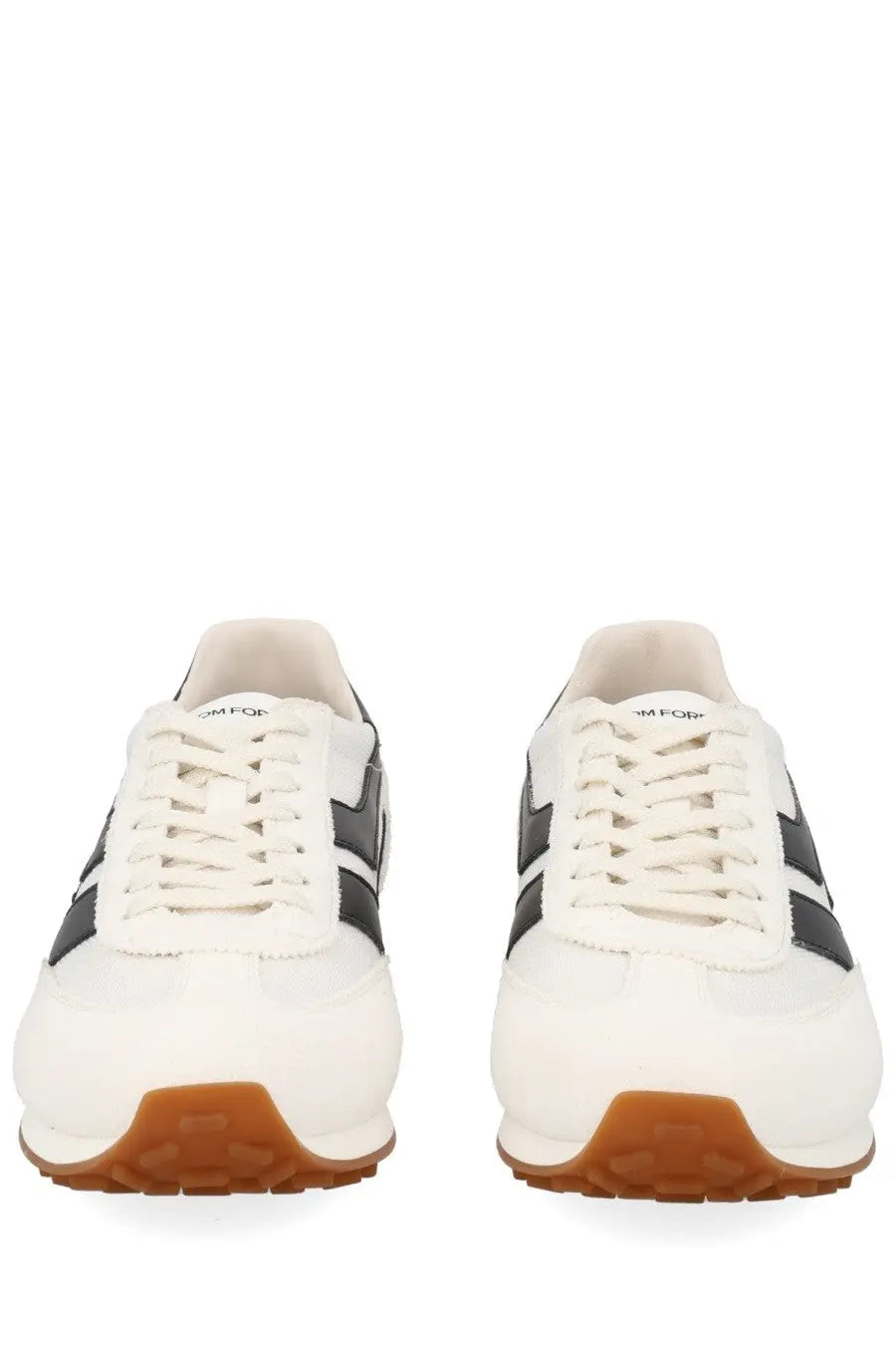 Tom Ford men’s sneaker Mick white with black side stripes and tan rubber sole white leather sneakers