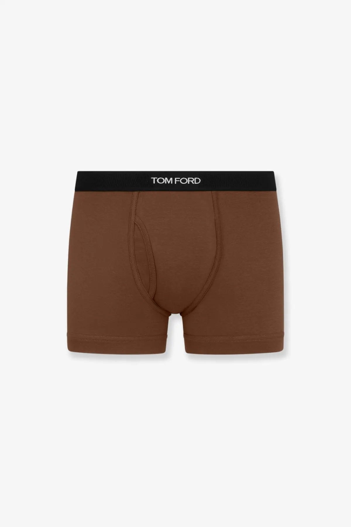 Tom Ford men’s stretch cotton boxer briefs in brown with a black waistband featuring the brand logo