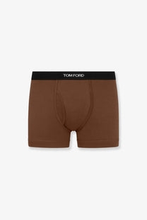 Tom Ford men’s stretch cotton boxer briefs in brown with a black waistband featuring the brand logo