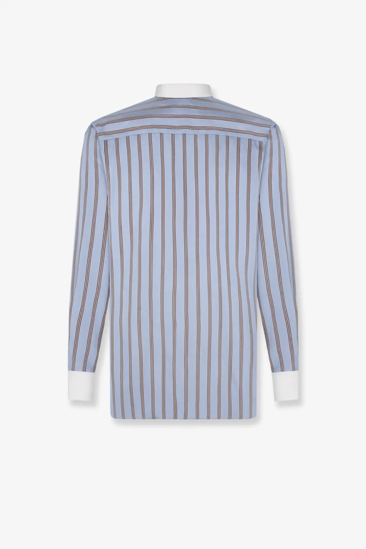 Tom Ford men’s striped silk shirt in blue with light blue and brown vertical stripes and white collar and cuffs