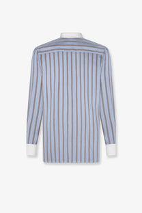 Tom Ford men’s striped silk shirt in blue with light blue and brown vertical stripes and white collar and cuffs