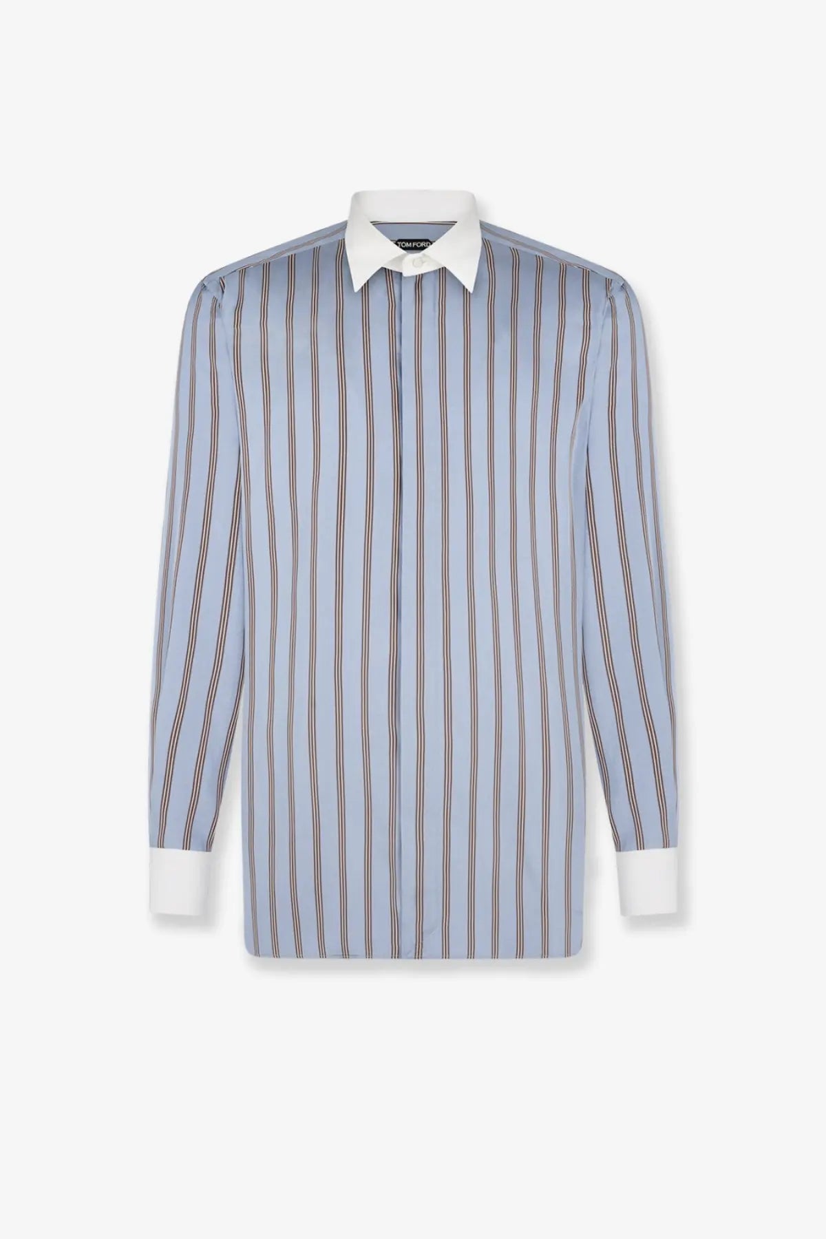 Tom Ford men’s silk long-sleeved button-down shirt with light blue and brown stripes and white collar and cuffs