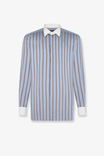 Tom Ford men’s silk long-sleeved button-down shirt with light blue and brown stripes and white collar and cuffs