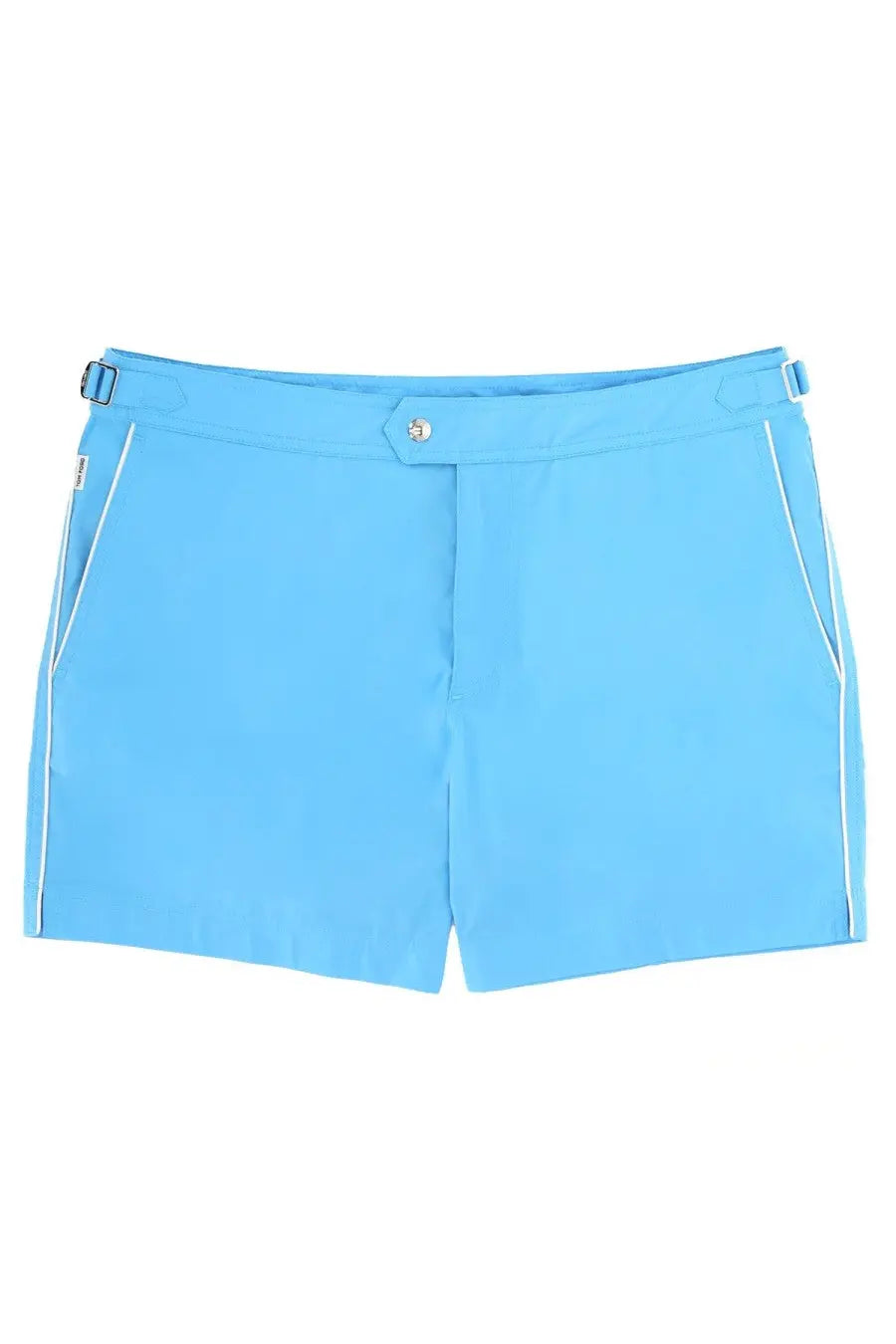 Tom Ford men’s swimsuit blue light blue swim shorts with white side trim and silver button at waistband